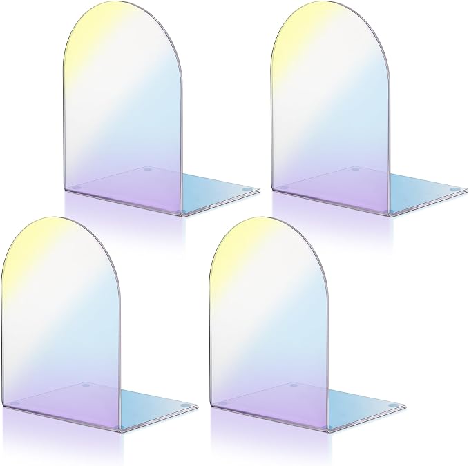 Harloon 4 Pcs Acrylic Book Ends for Shelves Plastic Arch Clear Non Skid Heavy Duty Bookends Desktop Organizer l Dividers Book Stopper for Office(Laser Color)
