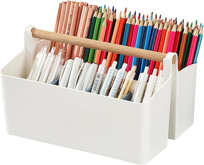 Desk Organizer, Pen Holder, Marker organizer with 8 Compartments - Portable Plastic Pencil Storage Box for Office Supplies, Art Materials, Home Organization (White Large)