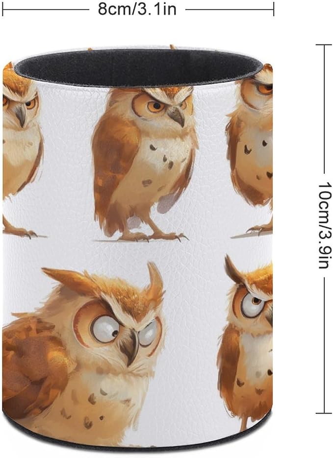 Big Wise Old Brown Owl Pencil Holder Round Pen Cup Wise PU Leather Marker Holder Makeup Brush Holders Desk Accessories Workspace Organizers for Home School Office
