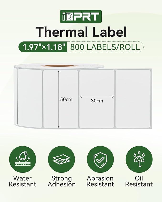 iDPRT 1.97" 1.18" Multi-Purpose Direct Thermal Labels (50mm30mm), Thermal Sticker for Address/Barcode/Mailing, Compatible with iDPRT SP460BT/SP410/SP310/SP320, Rollo, Zebra, Phomemo, etc, 800pcs