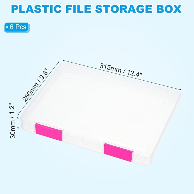 PATIKIL Clear A4 File Portable Project Case with Buckle Plastic Storage Box for 8.5" x 11" Letter Paper Scrapbook Paper Storage Boxes, 6Pcs, 12.4"x9.8"x1.2", Dark Pink