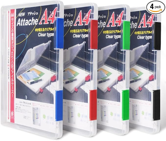 Marte Vanci 4 Pack Clear File Box with 2 Buckles Plastic Storage Box for A4 Paper, Portable Project Case for Documents, Magazines Paper Protector Black+Blue+(Green or White)+Red