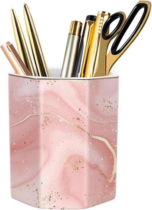 Cute Pen Holder for Desk, Ceramic Pencil Holder, Pen Cup Marker Holder Makeup Brush Holders, Desk Accessories & Workspace Organizers for Home, Office, Red Marble