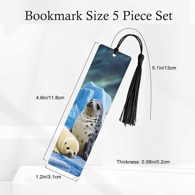 Seals Bookmarks 5 Pcs Cute Animal Winter Cold Iceland Wooden Bookmark with Tassels for Reading Book Lovers Gift Office School Readers Teacher