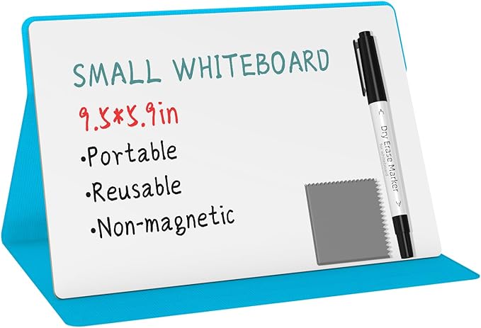 Portable Small White Board,Reusable Dry Erase Board with Stand,Desktop Whiteboard for Office Meeting Bussiness Home 9" x 6" with Marker, Wipe Cloth (Blue)