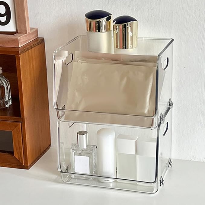 STAHAD 2pcs Portable Stackable Desktop Storage Organizer Boxes Small Size Multi-purpose Household Storage Containers for Makeup, Office Supplies, and Bedroom Use