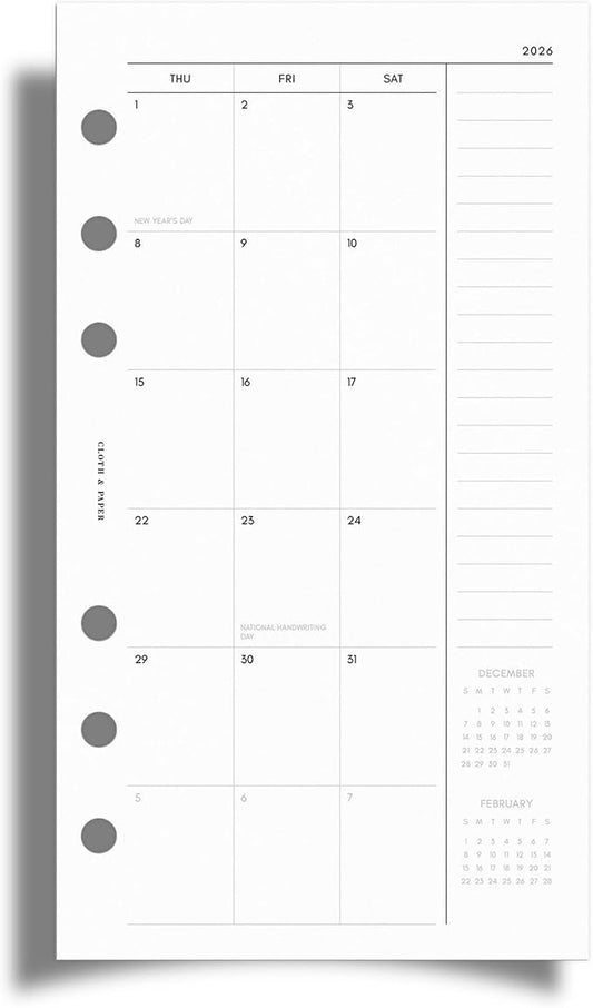 Cloth & Paper 2026 Monthly Planner Inserts | Personal Size 3.75 x 6.75 Inches | Minimalist Agenda Refills | Sunday Start, 84 Pages | 6 Ring Punched | Monthly Organizer Pages | Heavyweight Paper