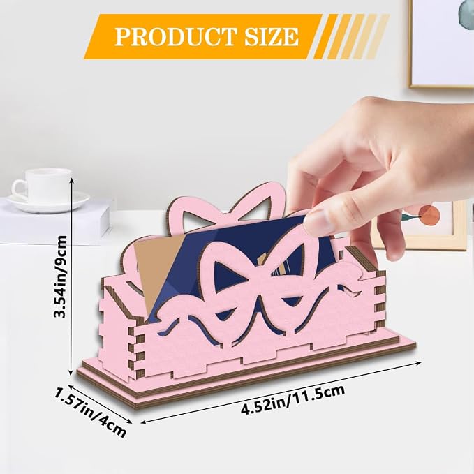 2Pcs Pink Bow Business Card Holder Desk 4.5 x 1.6 x 3.1 Inch Business Card Display Stand Cute Pink Bowknot Wooden Decorative Organizers for Office Desktop Home Room Tabletop Decorations