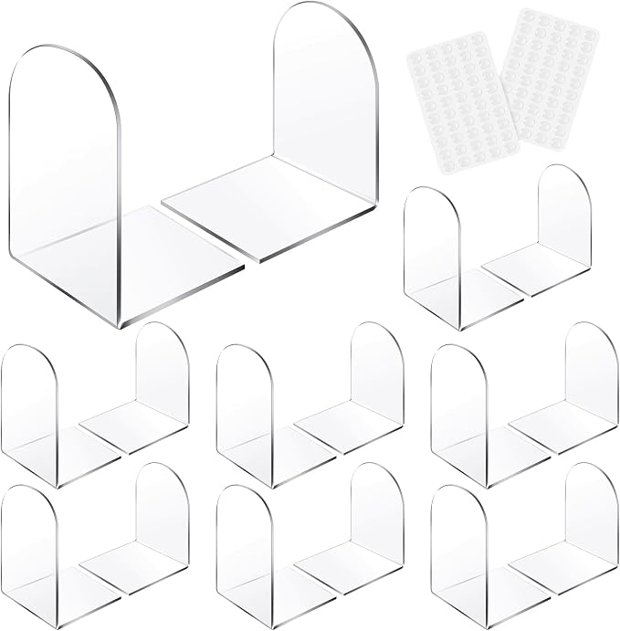 Leinuosen 16 Pcs Acrylic Clear Book Ends with Silicone Pad Non Skid Book Holders Arch Shape Heavy Duty Bookends Stoppers for Movies, CDs, Video Games (Clear)