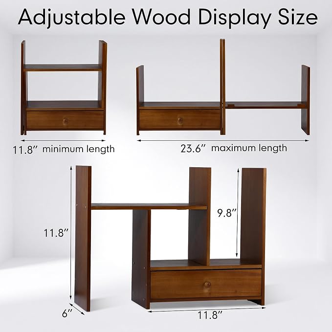Nuanchu Desk Shelves Desktop Organizer Shelf with Drawer Rustic Office Organization Adjustable Detachable Table Top Shelving Small Hutch Corner Bookshelf for Office Home School