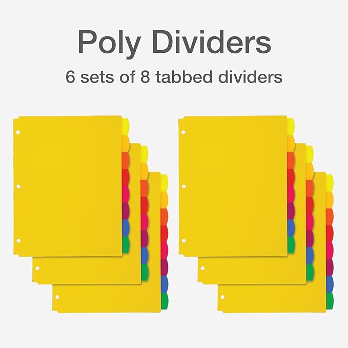 Oxford Plastic Binder Dividers for 3 Ring Binder,Durable Plastic-Binder Divider,8 Tab,Multicolor Tabs,3 Hole Punched,Letter Size,6 Sets (89601),(Pack of 4)