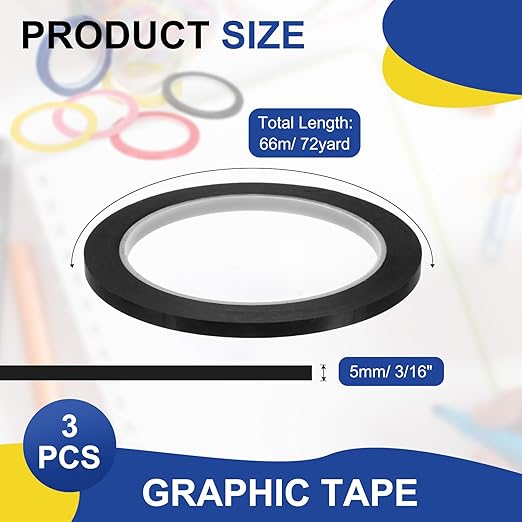 MECCANIXITY Whiteboard Tape 3/16" / 5mm Self Adhesive Graphic Chart Line Tape 72 Yard Grid Marking Stickers for Pinstripe Dry Erase Board Scrapbooking DIY Art Crafts, Black, Pack of 3