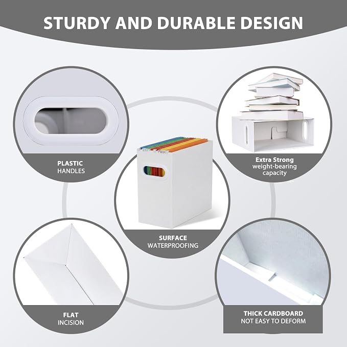 Hanging File Organizer Box, 6 Pack White Cardboard File Folder Holder for Letter Size, Portable Desk Document Storage with Handles, for Office,Home,School