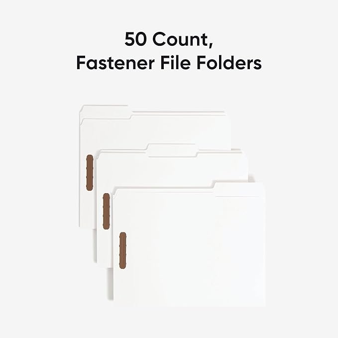 Smead Fastener File Folders, Reinforced 1/3-Cut Tabs, 2 Fasteners, Letter Size, White, 50 per Box (12840)