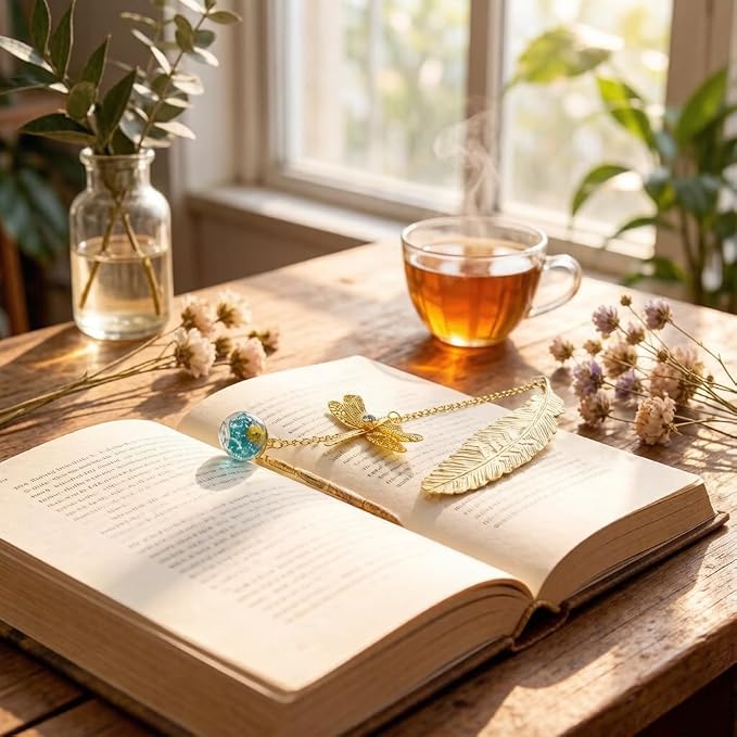 Metal Bookmark with Dragonfly Charms, Feather Book Marks with Pendants, Mothers Day Teacher Appreciation Gifts for Women Grils Mom Readers Book Lovers