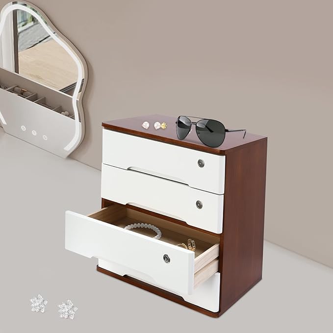 Lockable Desk Organizer Wooden Desktop Drawers Office Flat Files Storage Box Locking Countertop Storage Cabinet (Walnut + White, 4-Tier)