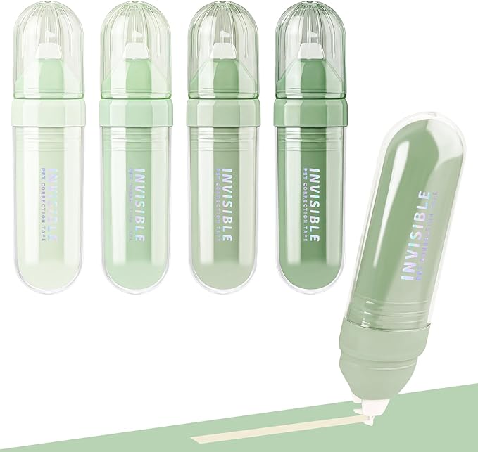 Temiary 4 Pcs White Correction Tapes, Beige Core Smooth Pull Out for Writing, Aesthetic Cream Correction Tape Gradient Set, Quick Dry Applicator for Students School Office Supplies (Green)