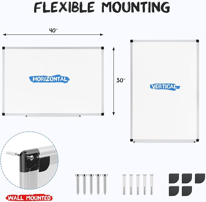 OLIXIS 30" x 40" Magnetic White Board, Dry Erase Board for Wall, Whiteboard with 1 Dry Eraser & 2 Multicolor Markers & 4 Magnetic Pins, Aluminium Frame for School, Office, White