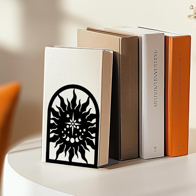 Sun Moon Metal Bookends for Shelves, High-end and Classy Book Ends for Bookshelf Decorative Books, Book Ends for Heavy Books Used for Home Office Desk Organizer and Library Decor