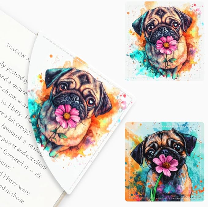 2PCS PU Leather Bookmarks 3.5x3.5 Inch Pug Flower Design | PU leather bookmarks with pug flower design for novels, journals, study notes, dog lovers, students and book fans