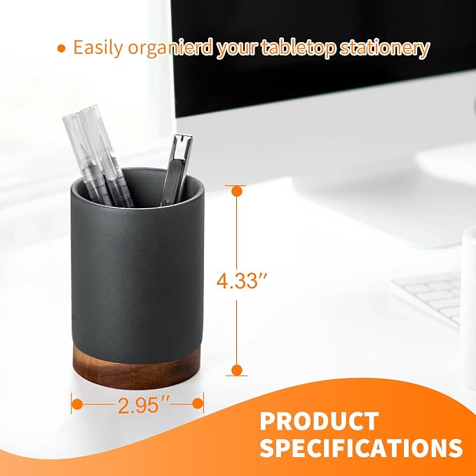 Ceramic Pen Holder for Desk, Pencil Organizer & Makeup Brush Holder, Office Decor and Desk Accessories, Perfect Office Organization, Teacher Supplies (Dark Grey, Set of 1)