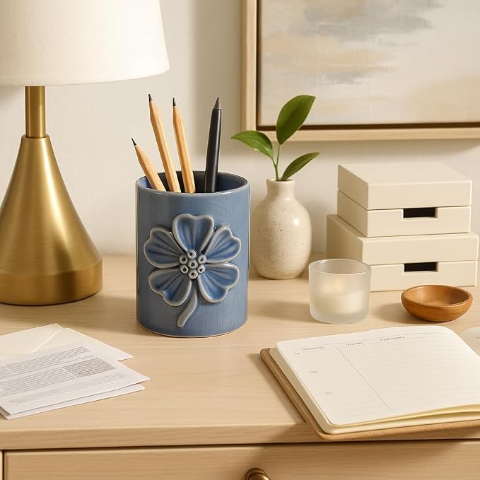 Floral Ceramic Desk Organizer for Workspace Decor - Unique Desktop Storage and Office Storage Accessory - Small Desk Cup Holder Complements Bedroom, Kitchen, Bathroom, or Home Decor - 4", Blue