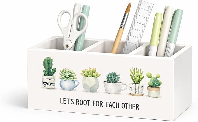 Succulent Desk Organizer Wooden Pen Pencil Holder for Desk, 3 Compartments Office Accessories, Let's Root for Each Other Plant Decor, Cute Succulent Gifts for Women Home Office Storage
