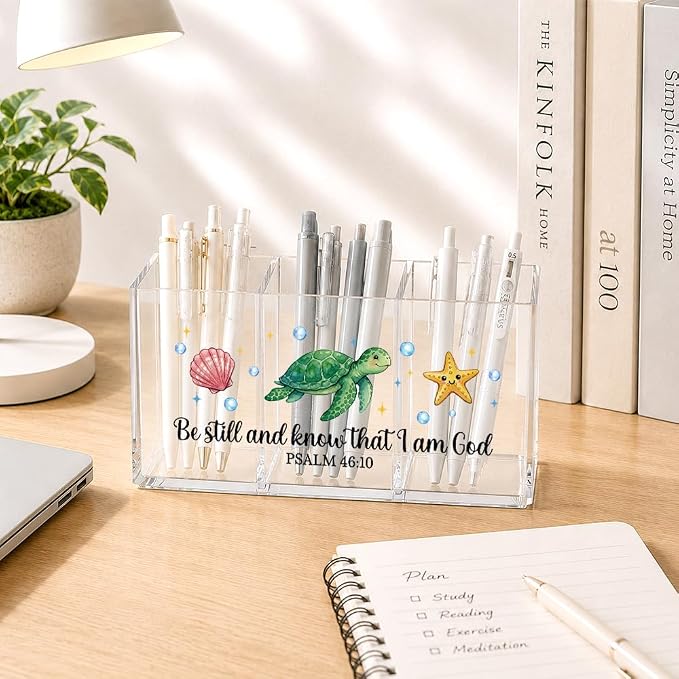 Sea Turtle Seashell Starfish Acrylic Pen Holder for Desk, Be Still And Know That I Am God Christian Bible Verse Desk Organizer for Office Home, Back to School Gifts Sea Turtle Gifts for Women
