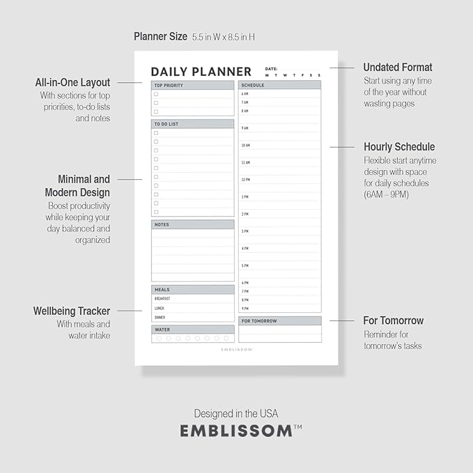 Daily Planner Notepad, 5.5 x 8.5" Tear-Off Pad – 70 Undated Sheets Focus-Enhancing Desktop Organizer with Hourly Schedule, To-Do List for Work, School (White, Checkbox, 2 Pack)
