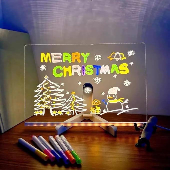 Led Note Board with Colors, 12"X8" Acrylic Dry Erase Board with Light, Light Up Dry Erase Board with Adjustable Stand, Led Board White Board with 7 Pen, Office Home Glow Rewritable Message Board.