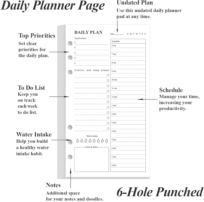 (2-Pack) A6 Undated Daily Planner Refill - To Do List for Filofax Personal Binders, 160 Sheets/320 Pages Planner and Lined Refill, 6-Hole Punched, 3.75" x 6.75"