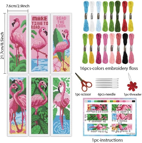 INFUNLY 6PCS Flamingo Cross Stitch Bookmarks Kit Pink Handmade Cross Stitch Bookmarks Make Time to Read DIY Cross Stitch Bookmark Set with Backing Felt Floss Instruction for Adult Book Lovers