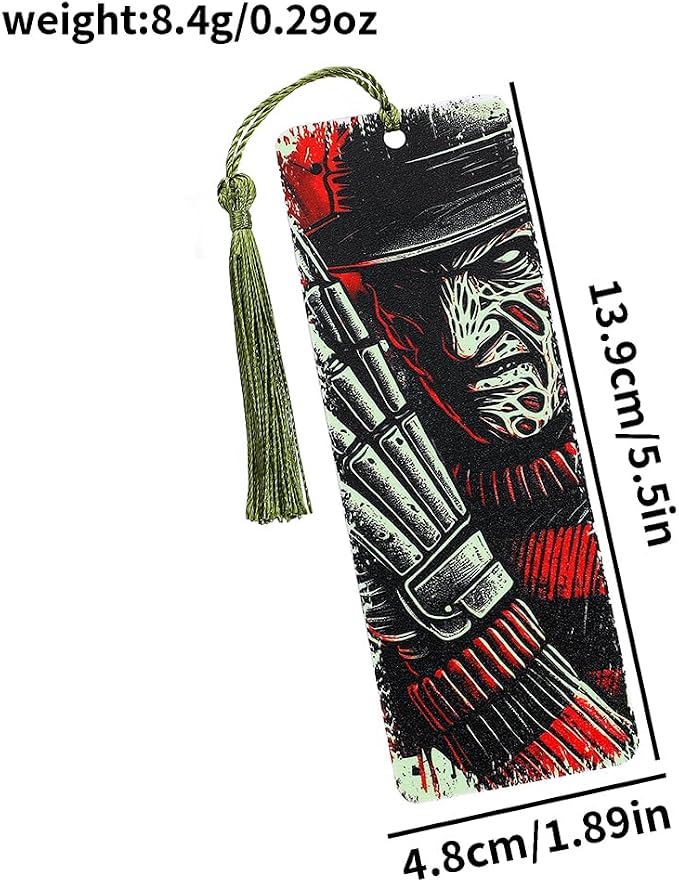Horror Novelty Bookmark Set - 6 Creepy Tool Shapes with Blood Stain Design, Gothic Book Accessories for Halloween Gifts, Macabre Metal Page Holders with Red Tassels (4pcs Killer A)