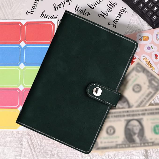 A6 PU Leather Notebook Binder Refillable 6 Ring Planner Cover with Dividers Pockets Travel Journal Folder Soft Cover Loose Leaf Binder Protector for Meeting Filler Paper Cash (Dark Green)