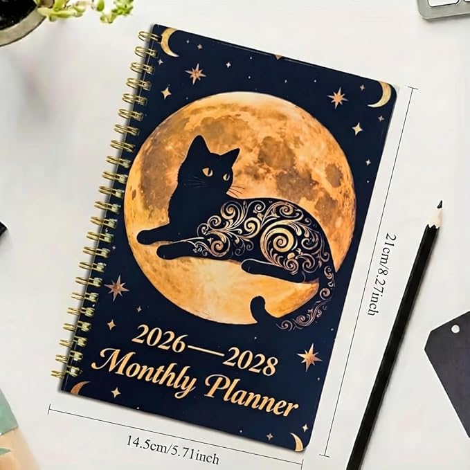 1Pc Black & Golden 2026-2028 Planner Gold Cat Tarot Spiral Gothic Moon Phase Diary, A5 Monthly Calendar & Undated Notebook, Witchy Gift for Cat Lovers