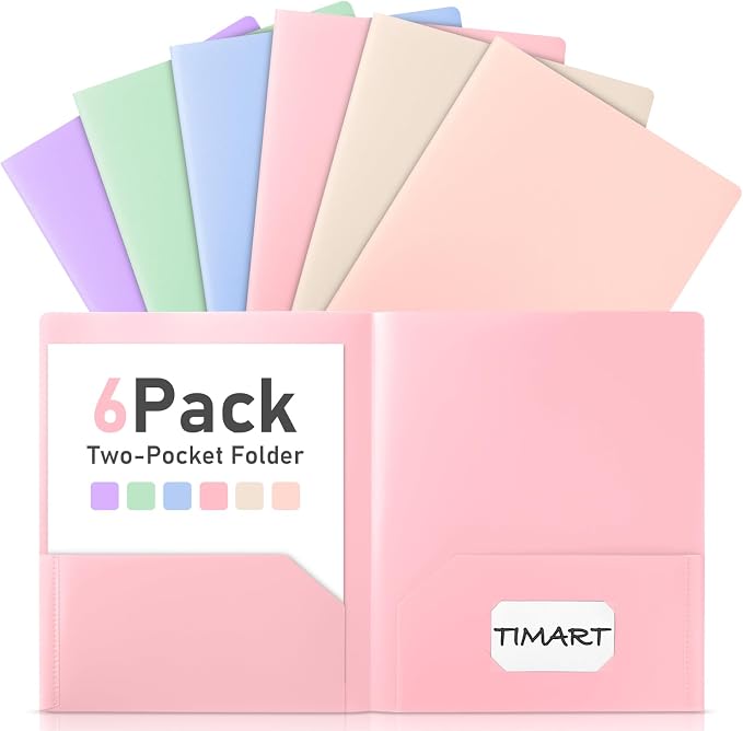 Timart Folders with Pockets-6 Pack, 2 Pocket Folders Fit Letter Size Paper, Pastel Color File Folders for Documents, Plastic File Folder for School Office Home Bussiness
