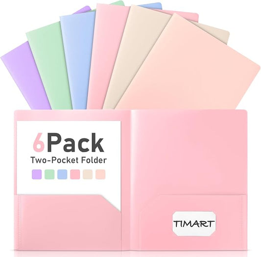 Timart Folders with Pockets-6 Pack, 2 Pocket Folders Fit Letter Size Paper, Pastel Color File Folders for Documents, Plastic File Folder for School Office Home Bussiness