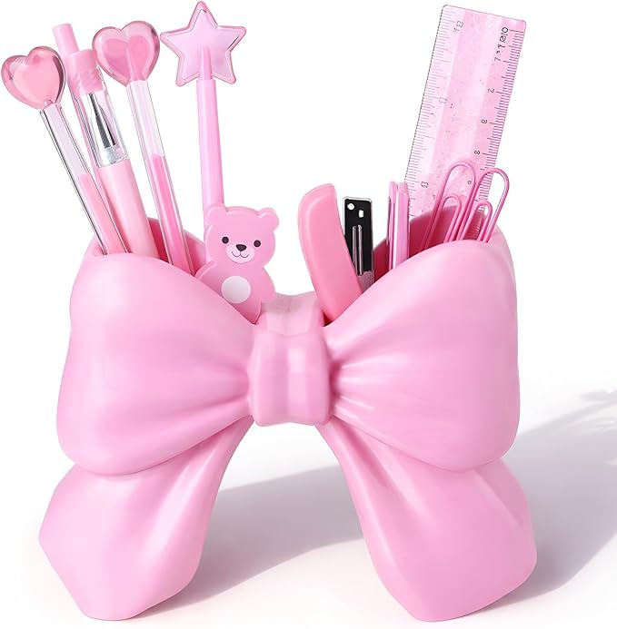 Marspark Cute Bow Pen Holder for Desk, Decorative Pencil Holder Organizer, Aesthetic Pink Desk Accessories for Office, Vanity, Back to School Supplies for Students