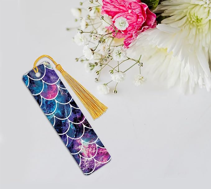 WIRESTER Set of 3 Metal Bookmarks with Light Gold Tassel - Blue Wave, Mosaic Mermaid Scale, Pink Mermaid Scales for Students, Readers, Teachers, Book Lovers