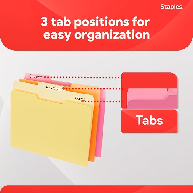 Staples File Folders, Letter Size, 1/3‑Cut Tabs, Assorted Colors, Durable 10.5‑Point Paper Stock, 100/Pack