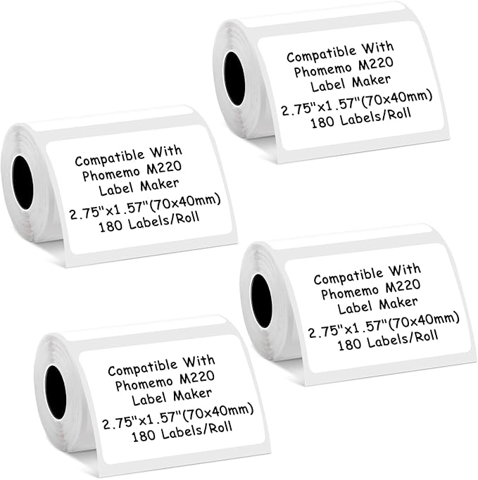 M220 Thermal Labels Compatible with NIIMBOT B3S/K3 Label Printer,Compatible with Phomemo M221/M220/M200/M250 Label Printer,2.75"x1.57"(70x40mm), 180 Labels/Roll 4 Rolls, Black on White