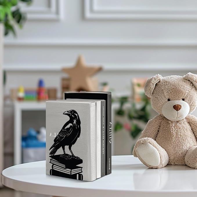 Peacoblue Metal Bookends for Shelves, Modern Decorative Heavy Duty Study Book Support Stoppers for Office, Desk, Shelf, Room 5.3"x4.3"x7.9" Cast Iron Simple Tall Bookends, 1 Pair (Crow on Book Stack)
