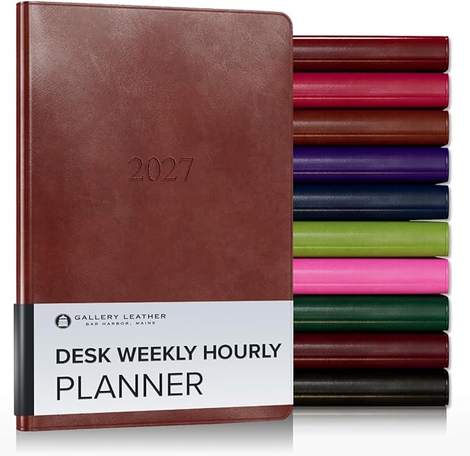 Gallery Leather Desk Hourly Weekly Monthly Planner 2027, Elegantly Bound Calendar Planner and Notebook with Stylish Gold-Gilded Page Edges, 12 Months - Acadia Tan - 8x5.5"