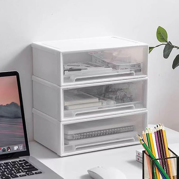 Set of 3 Stackable Storage Drawers, White Plastic Desk Storage Boxes for Dressing Table, Office Desk, TV Cabinet, Bathroom, Shoe Cabinet Storing Various Items