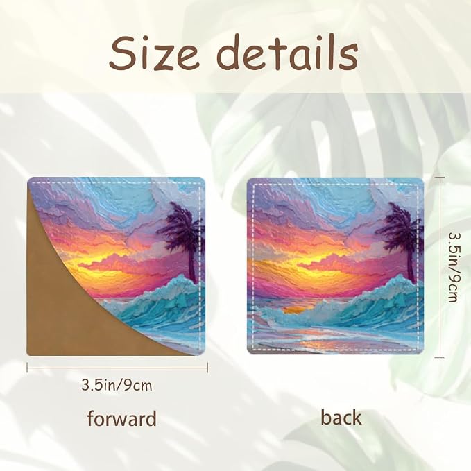 2PCS PU Leather Bookmarks 3.5x3.5 Inch Sunset Palm Wave Design | PU leather bookmarks for books with sunset palm wave design for vacation journals, beach reads, coastal decor lovers
