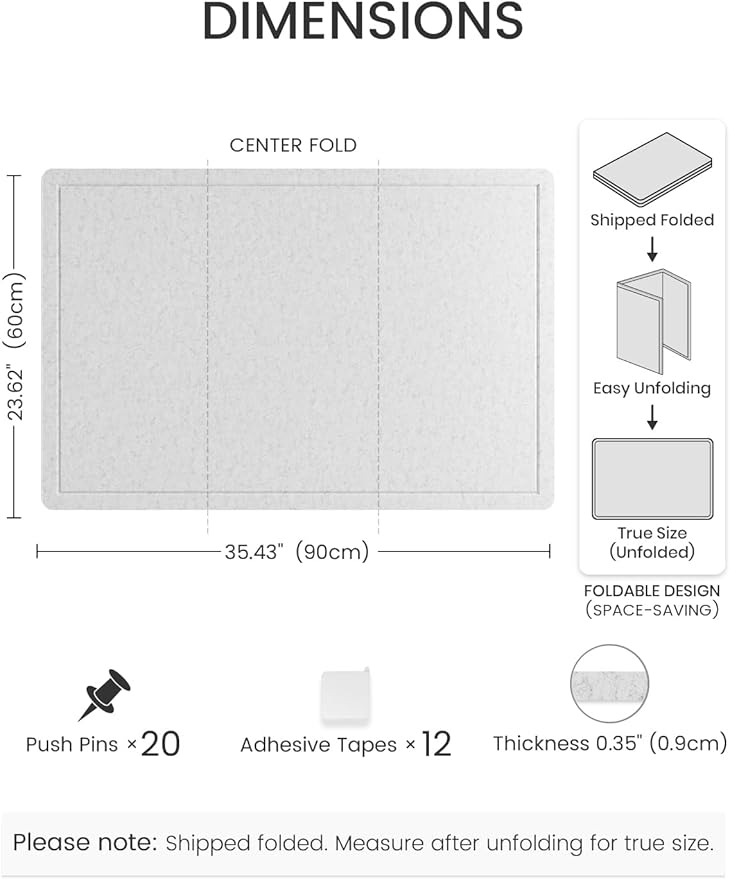 Fluxynara Bulletin Board,35.4" x 23.6" Cork Board Alternative with 12 Safe Removable Adhesive Tabs, Foldable Felt Pin Board for Home Office, Classroom, Bedroom,Entryway for Walls—Light Gray