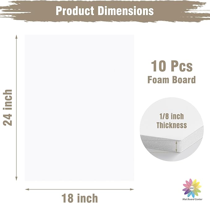 Mat Board Center, Pack of 10 Acid-Free Foam Boards, 18x24 inch White Foam Boards, 1/8" Thick