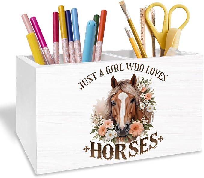 Rustic Floral Horse Pen Holder for Desk, Gifts for Horse Lovers Pencil Organizer, Just a Girl Who Loves Horses Wooden Box Sign Desk Decor for Home Office Decoration