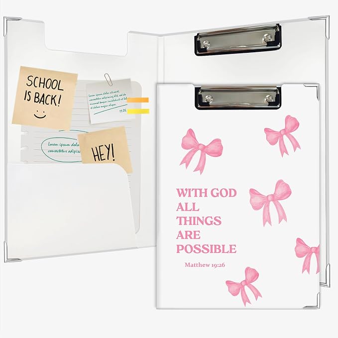 Lacama Preppy Cute Bow Bible Clipboard with Storage for Office Classroom Desk, Coquette School Supplies, with God All Things are Possible Project Folders with Metal Clip for Women, 12.4x9.25 in