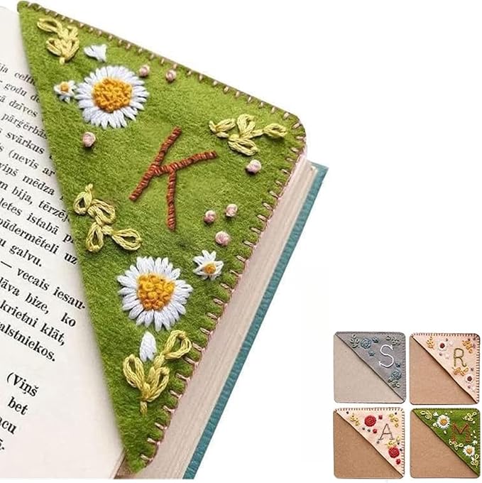 Personalized Hand Embroidered Corner Bookmark, 26 Letters Cute Flower Embroidered Corner Bookmark Embroidery Book Marker Clip for Book Lovers Bookmarks for Reading Lovers Meaningful GIF (Summer, K)